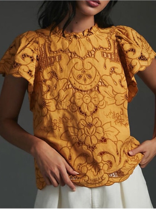 Anthropologie Tops - Anthropologie Embroidered Flutter-Sleeve Top in Mustard